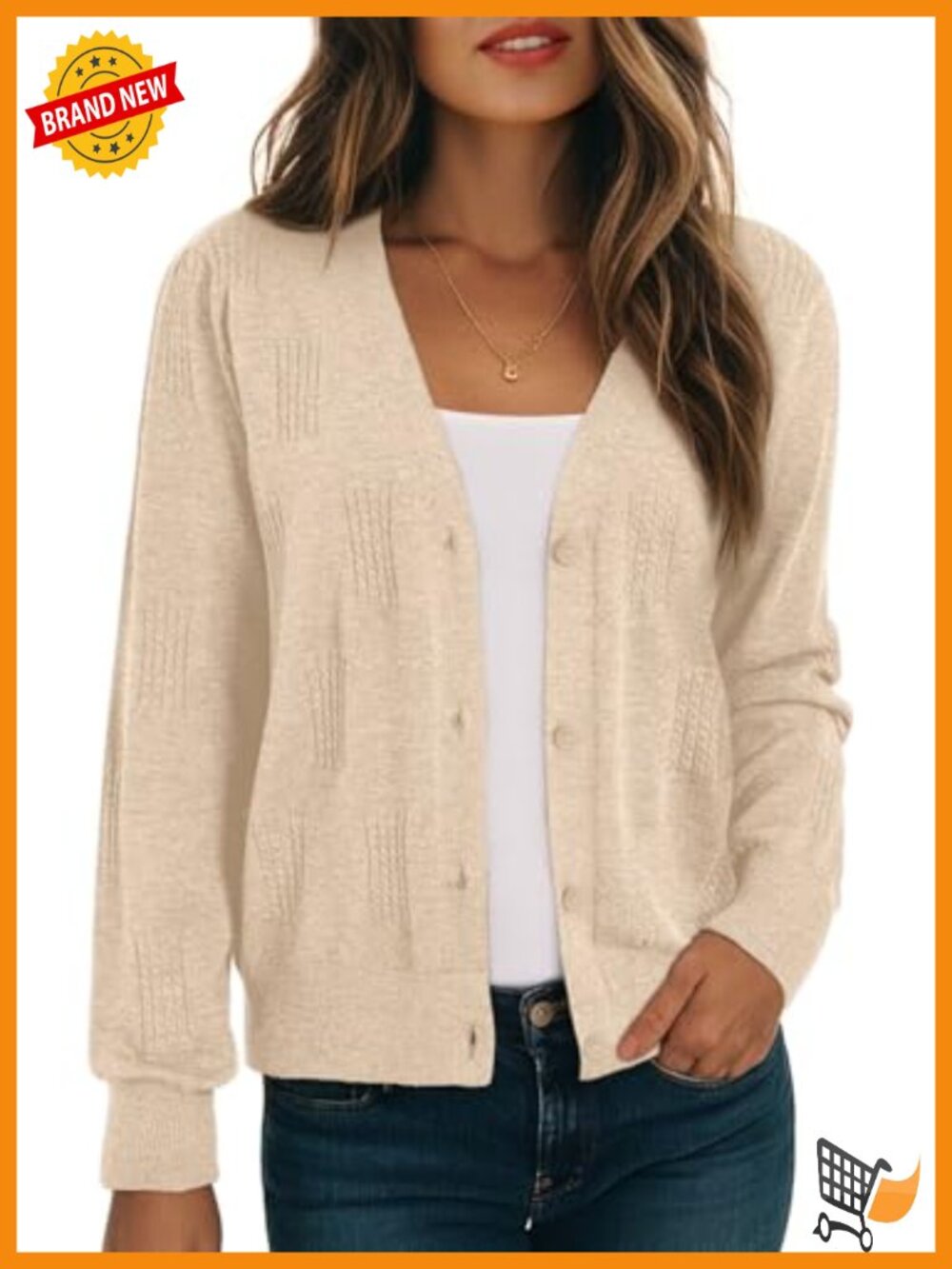Lightweight V-Neck Cardigan Long Sleeve Button Down Twisted Cable Knit